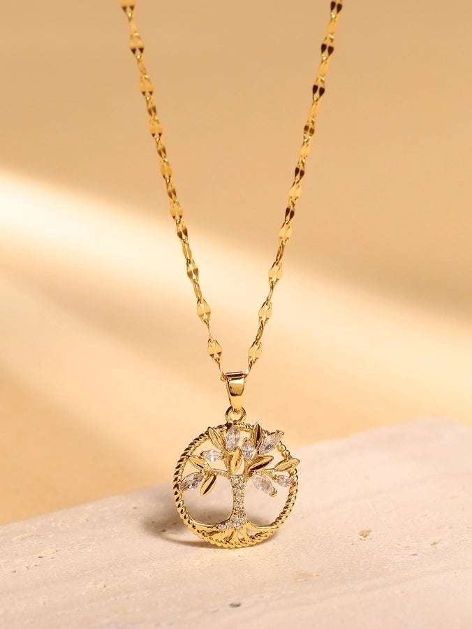 Jewelry Lady Tree Stainless Steel Zircon Plating Hollow Out Inlay Necklace