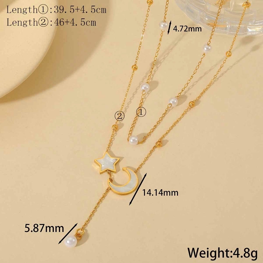 Jewelry Elegant Star Moon Heart Shape 316 Stainless Steel  Acrylic Imitation Pearl 18K Gold Plated Plating Inlay Double Layer Necklaces Long Necklace cable chain