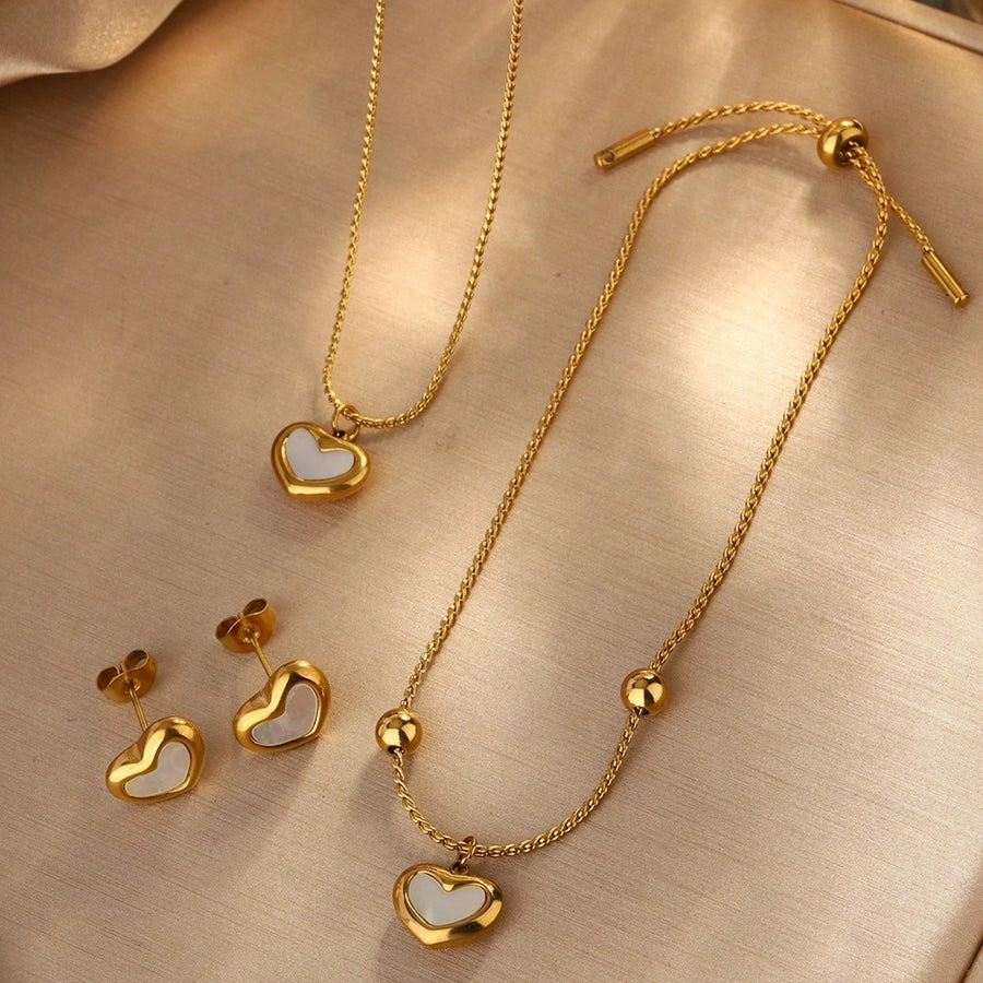 Jewelry Cute French Style Classic Style Heart Shape 304 Stainless Steel 18K Gold Plated Earrings Necklace Jewelry Set