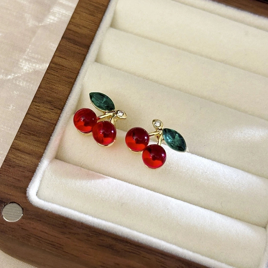 1 Pair Cute Sweet Cherry Inlay Alloy Artificial Gemstones Rhinestones Ear Studs