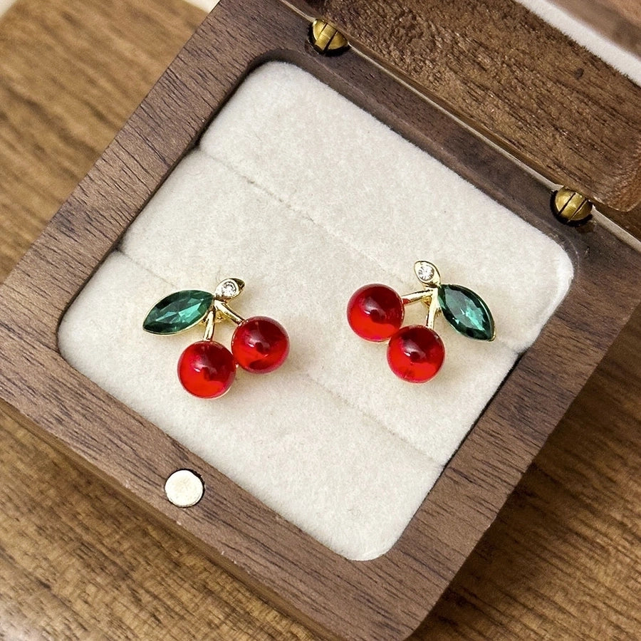 1 Pair Cute Sweet Cherry Inlay Alloy Artificial Gemstones Rhinestones Ear Studs