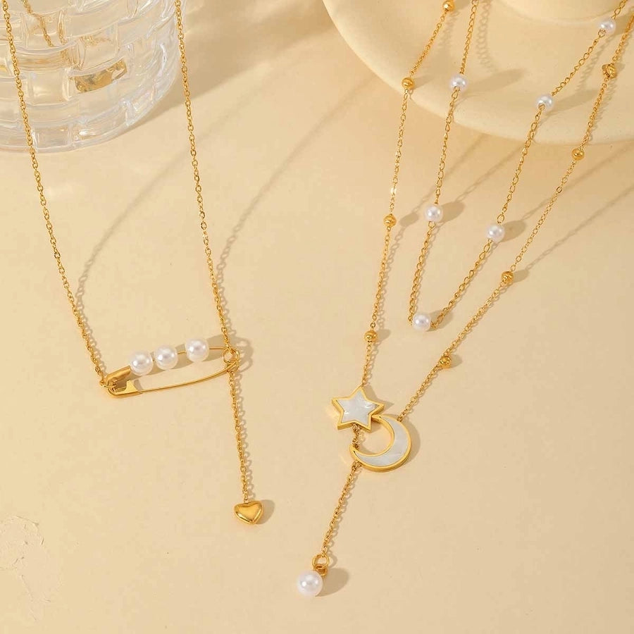 Jewelry Elegant Star Moon Heart Shape 316 Stainless Steel  Acrylic Imitation Pearl 18K Gold Plated Plating Inlay Double Layer Necklaces Long Necklace cable chain