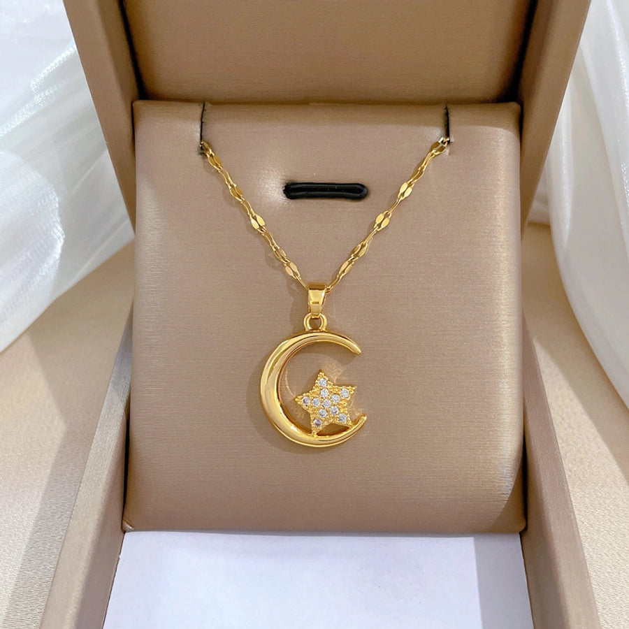 Vintage Style Rabbit Star Moon Titanium Steel Copper Plating Inlay Zircon Pendant Necklace