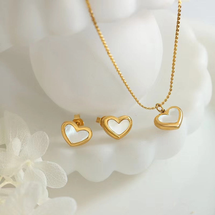 Jewelry Cute French Style Classic Style Heart Shape 304 Stainless Steel 18K Gold Plated Earrings Necklace Jewelry Set