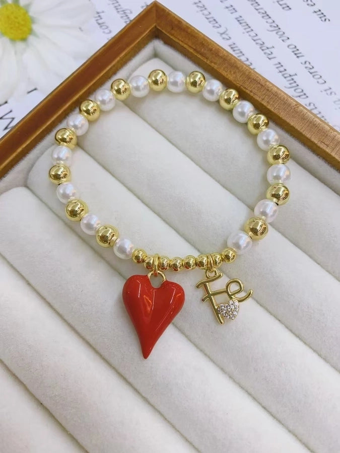 Casual Simple Style Letter Heart Shape 18K Gold Plated Zircon Arylic Copper Beaded Chain Beaded Bracelets