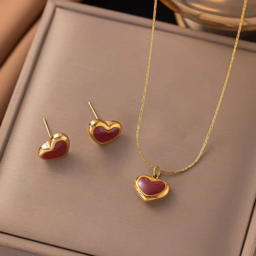 Jewelry Cute French Style Classic Style Heart Shape 304 Stainless Steel 18K Gold Plated Earrings Necklace Jewelry Set