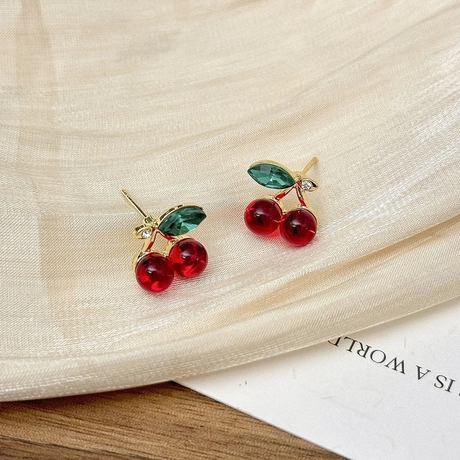 1 Pair Cute Sweet Cherry Inlay Alloy Artificial Gemstones Rhinestones Ear Studs