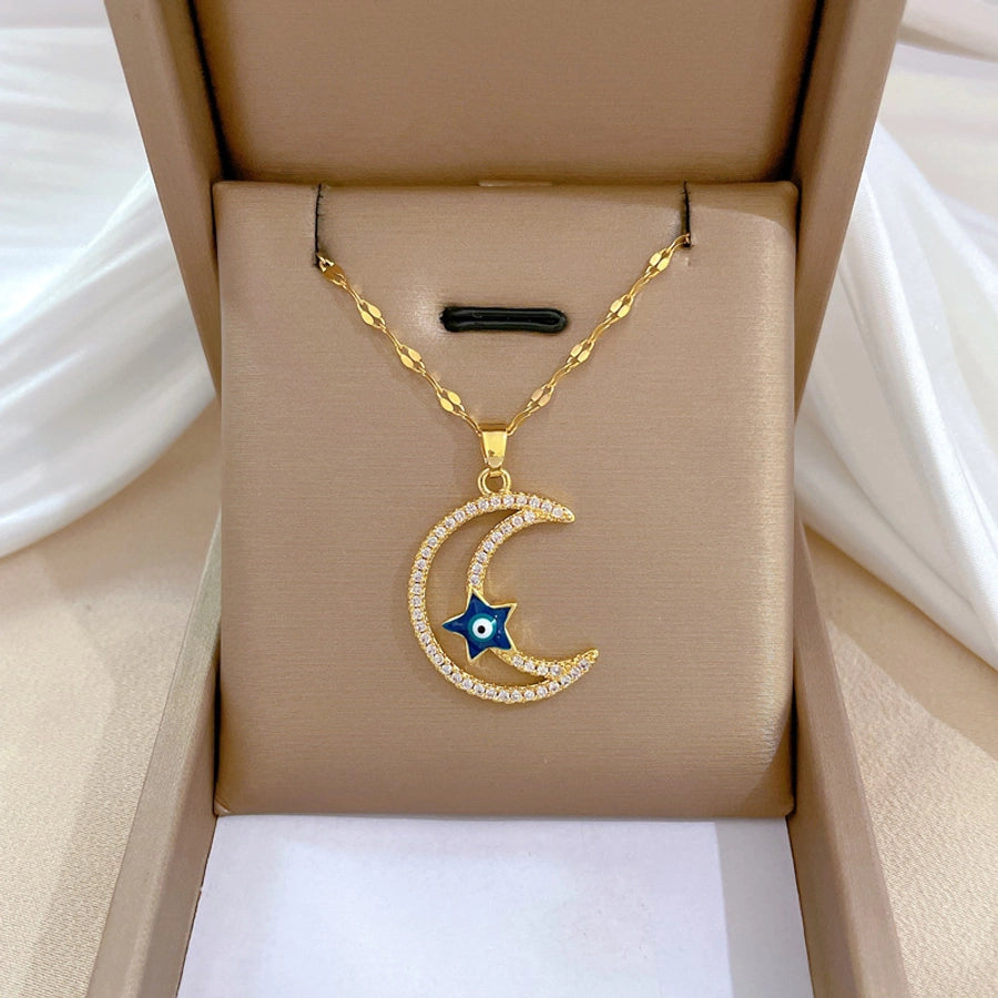 Vintage Style Rabbit Star Moon Titanium Steel Copper Plating Inlay Zircon Pendant Necklace