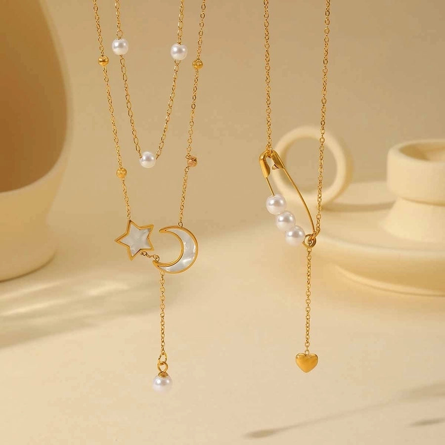 Jewelry Elegant Star Moon Heart Shape 316 Stainless Steel  Acrylic Imitation Pearl 18K Gold Plated Plating Inlay Double Layer Necklaces Long Necklace cable chain